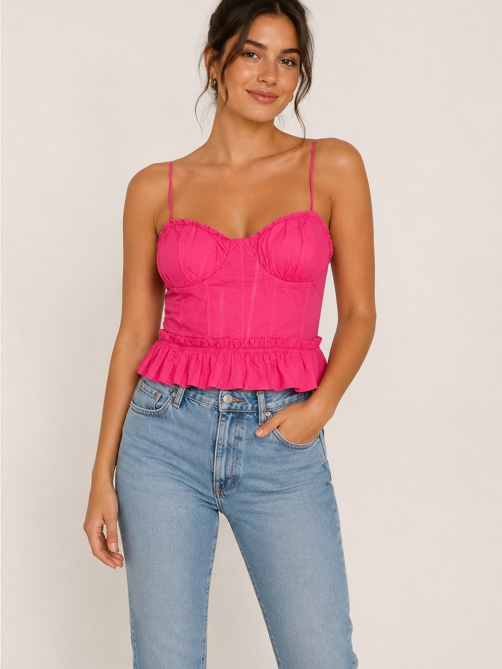 💖 NWT Hyacinth House by Tuckernuck Pink Bustier Peplum Tank Top Size Large